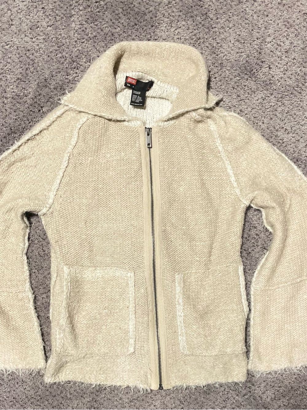 Vintage Y2K Diesel Ecru Textured Knit Zip Jacket